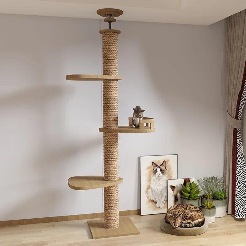 Cats Tree Floor Solid Wooden Pets Furniture Climbing Multifunction Kitten Trees Tower Adjustable Multilayer Cat Climbing Frame