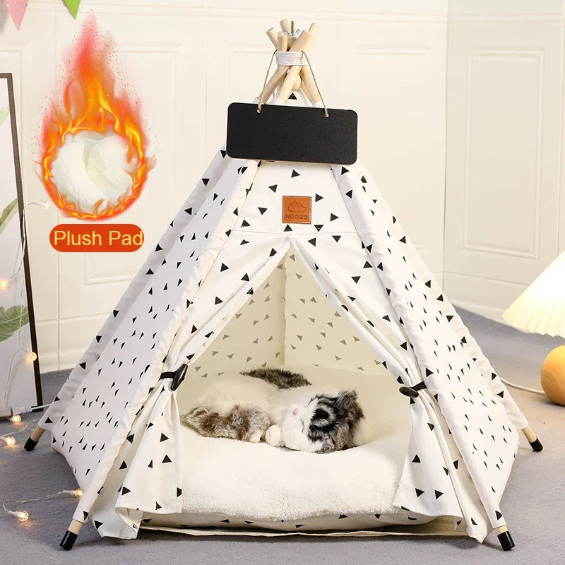 Pet Tent House Dog Bed Portable Removable Washable Teepee Puppy Cat Indoor Outdoor Kennels Cave with Cushion and Blackboard