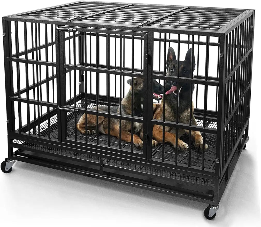 WOKEEN 48/38 Inch Heavy Duty Dog Crate Cage Kennel with Wheels, High Anxiety Indestructible, Sturdy Locks Design