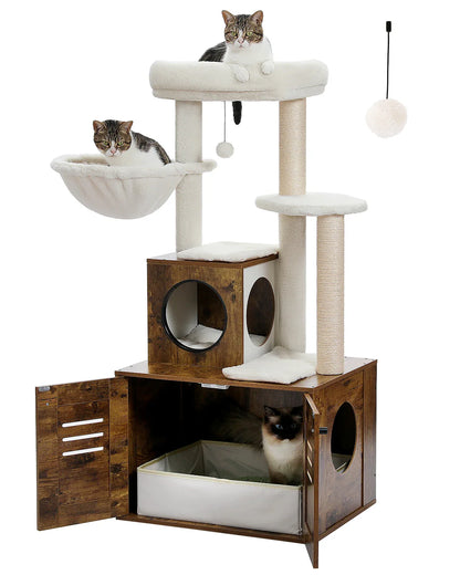 H127CM Modern Cat Tree with Condo Included Cat Litter Box Solid Wood Enclosure Furniture with Large Hammock Top Spacious Perch