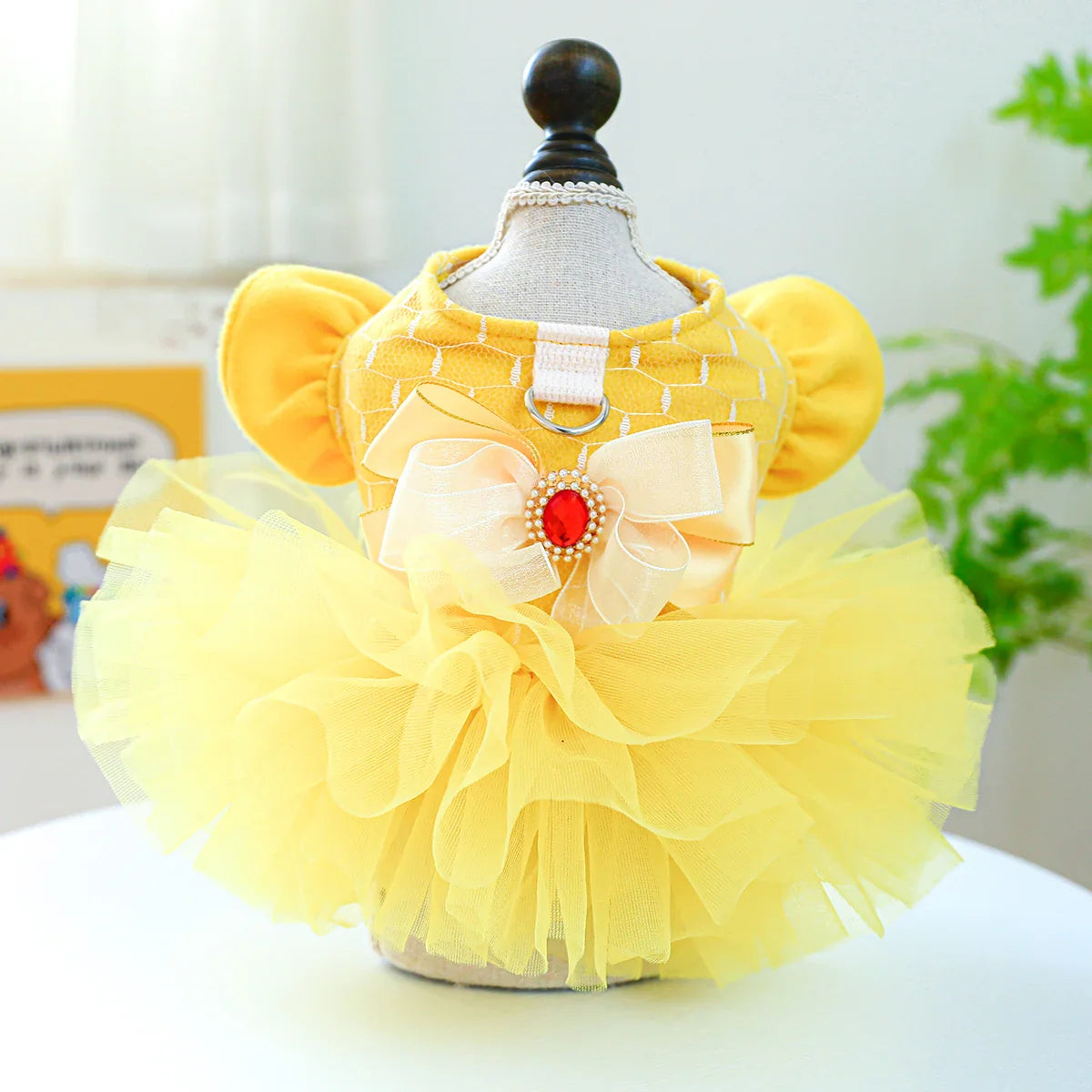 1PC Pet Apparel Dog Autumn and Winter Yellow Flying Sleeve Bow Princess Dress With Drawstring Buckle For Small Medium Dogs