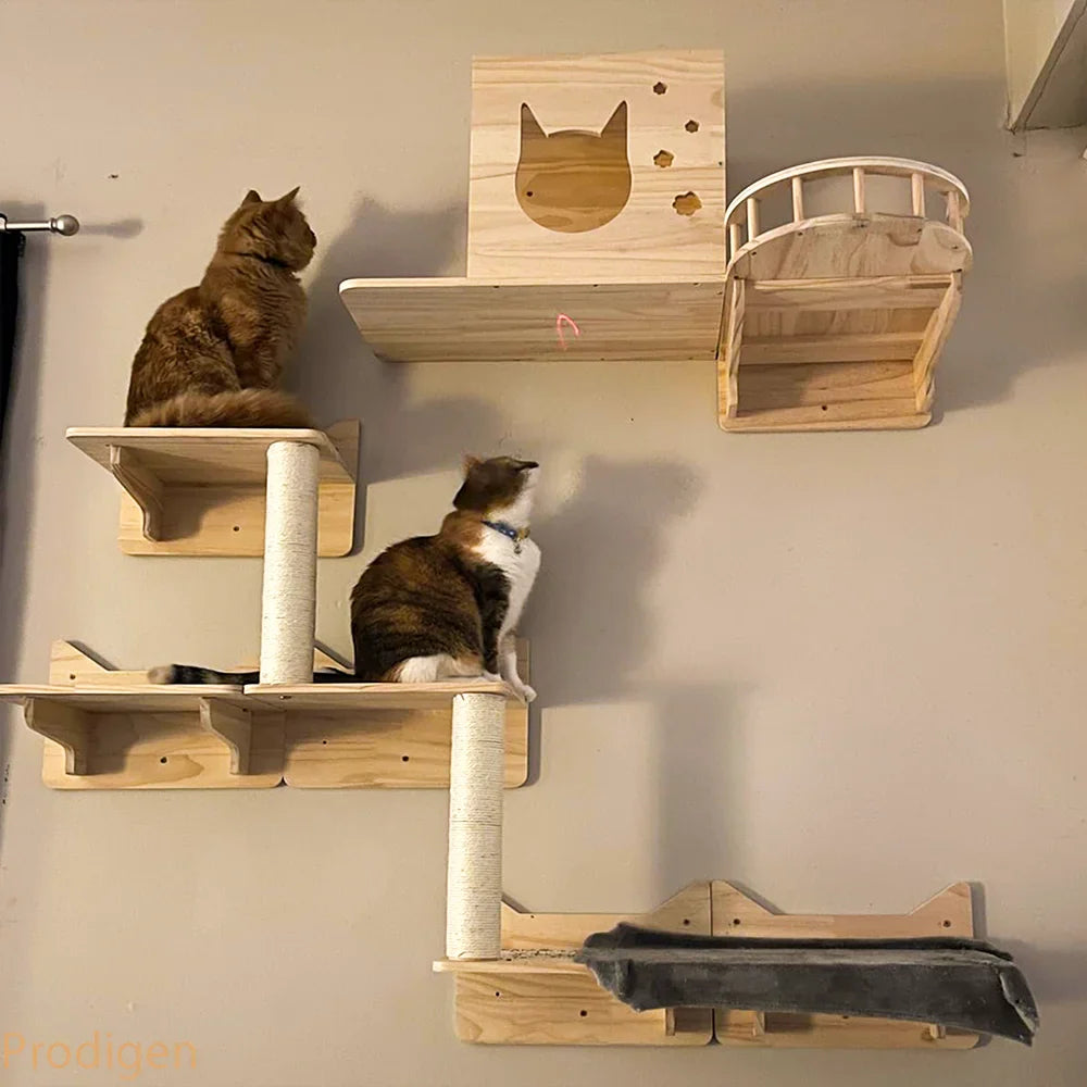 Wall Mounted Wooden Cat House Furniture Scratcher Shelves Climbing Ladder Perch Cat Bridge and Jumping Platform for Kitten Play